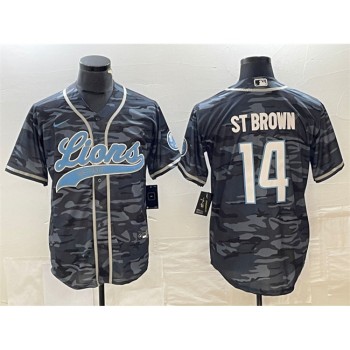 Men's Detroit Lions #14 Amon-Ra St. Brown Grey Camo Cool Base Stitched Baseball Jersey Men's Detroit Lions #14 Amon-Ra St. Brown Grey Camo Cool Base Stitched Baseball Jersey