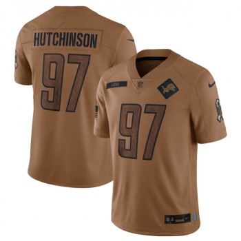 Men's Detroit Lions #97 Aidan Hutchinson 2023 Brown Salute To Service Limited Stitched Jersey Men's Detroit Lions #97 Aidan Hutchinson 2023 Brown Salute To Service Limited Stitched Jersey