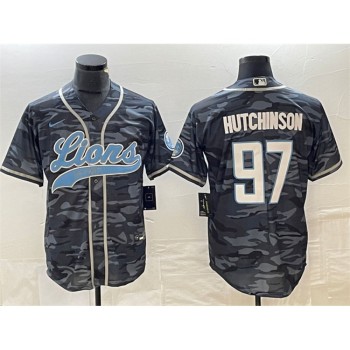 Men's Detroit Lions #97 Aidan Hutchinson Grey Camo Cool Base Stitched Baseball Jersey Men's Detroit Lions #97 Aidan Hutchinson Grey Camo Cool Base Stitched Baseball Jersey