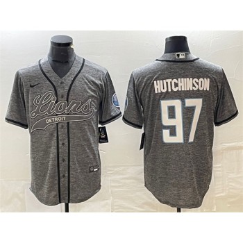 Men's Detroit Lions #97 Aidan Hutchinson Grey Cool Base Stitched Baseball Jersey Men's Detroit Lions #97 Aidan Hutchinson Grey Cool Base Stitched Baseball Jersey
