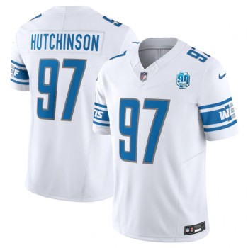 Men's Detroit Lions #97 Aidan Hutchinson White 2023 F.U.S.E. 90th Anniversary Vapor Untouchable Limited Stitched Jersey Men's Detroit Lions #97 Aidan Hutchinson White 2023 F.U.S.E. 90th Anniversary Vapor Untouchable Limited Stitched Jersey