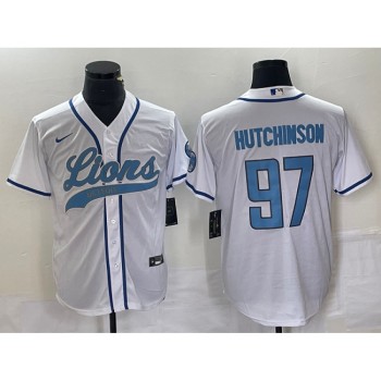 Men's Detroit Lions #97 Aidan Hutchinson White Cool Base Stitched Baseball Jersey Men's Detroit Lions #97 Aidan Hutchinson White Cool Base Stitched Baseball Jersey