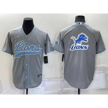 Men's Detroit Lions Gray Team Big Logo With Patch Cool Base Stitched Baseball Jersey Men's Detroit Lions Gray Team Big Logo With Patch Cool Base Stitched Baseball Jersey