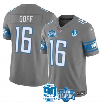 Men's Detroit Lions #16 Jared Goff Grey 2023 F.U.S.E. 90th Anniversary NFC North Division Champions Vapor Untouchable Limited Stitched Jersey Men's Detroit Lions #16 Jared Goff Grey 2023 F.U.S.E. 90th Anniversary NFC North Division Champions Vapor Untouchable Limited Stitched Jersey