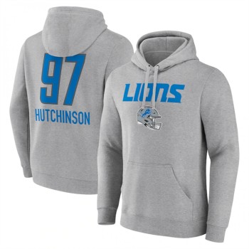 Men's Detroit Lions #97 Aidan Hutchinson Heather Gray Team Wordmark Player Name & Number Pullover Hoodie Men's Detroit Lions #97 Aidan Hutchinson Heather Gray Team Wordmark Player Name & Number Pullover Hoodie
