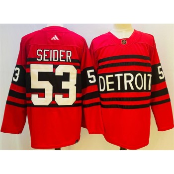 Men's Detroit Red Wings #53 Moritz Seider Red 2022/23 Reverse Retro Stitched Jersey Men's Detroit Red Wings #53 Moritz Seider Red 2022/23 Reverse Retro Stitched Jersey