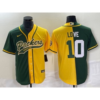 Men's Green Bay Packers #10 Jordan Love Green/Gold Split Cool Base Stitched Baseball Jersey Men's Green Bay Packers #10 Jordan Love Green/Gold Split Cool Base Stitched Baseball Jersey