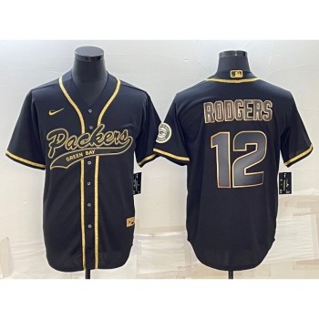 Men's Green Bay Packers #12 Aaron Rodgers Black Gold With Patch Cool Base Stitched Baseball Jersey Men's Green Bay Packers #12 Aaron Rodgers Black Gold With Patch Cool Base Stitched Baseball Jersey