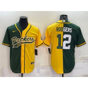 Men's Green Bay Packers #12 Aaron Rodgers Green/Yellow Split With Patch Cool Base Stitched Baseball Jersey Men's Green Bay Packers #12 Aaron Rodgers Green/Yellow Split With Patch Cool Base Stitched Baseball Jersey