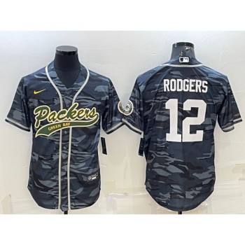 Men's Green Bay Packers #12 Aaron Rodgers Grey Camo With Patch Cool Base Stitched Baseball Jersey Men's Green Bay Packers #12 Aaron Rodgers Grey Camo With Patch Cool Base Stitched Baseball Jersey