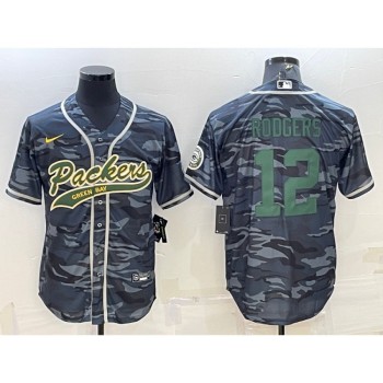 Men's Green Bay Packers #12 Aaron Rodgers Grey Green Camo With Patch Cool Base Stitched Baseball Jersey Men's Green Bay Packers #12 Aaron Rodgers Grey Green Camo With Patch Cool Base Stitched Baseball Jersey
