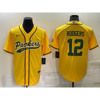 Men's Green Bay Packers #12 Aaron Rodgers Yellow Cool Base Stitched Baseball Jersey Men's Green Bay Packers #12 Aaron Rodgers Yellow Cool Base Stitched Baseball Jersey