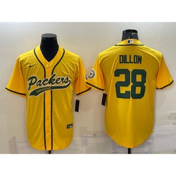 Men's Green Bay Packers #28 A.J. Dillon Gold With Patch Cool Base Stitched Baseball Jersey Men's Green Bay Packers #28 A.J. Dillon Gold With Patch Cool Base Stitched Baseball Jersey
