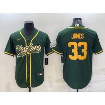 Men's Green Bay Packers #33 Aaron Jones Green Gold With Patch Cool Base Stitched Baseball Jersey Men's Green Bay Packers #33 Aaron Jones Green Gold With Patch Cool Base Stitched Baseball Jersey