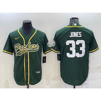 Men's Green Bay Packers #33 Aaron Jones Green With Patch Cool Base Stitched Baseball Jersey Men's Green Bay Packers #33 Aaron Jones Green With Patch Cool Base Stitched Baseball Jersey