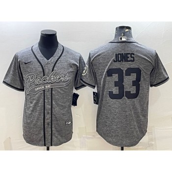 Men's Green Bay Packers #33 Aaron Jones Grey With Patch Cool Base Stitched Baseball Jersey Men's Green Bay Packers #33 Aaron Jones Grey With Patch Cool Base Stitched Baseball Jersey