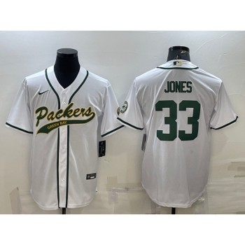 Men's Green Bay Packers #33 Aaron Jones White With Patch Cool Base Stitched Baseball Jersey Men's Green Bay Packers #33 Aaron Jones White With Patch Cool Base Stitched Baseball Jersey