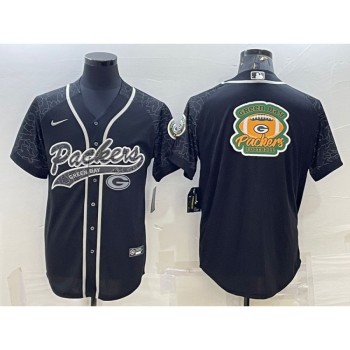 Men's Green Bay Packers Black Reflective Team Big Logo With Patch Cool Base Stitched Baseball Jersey Men's Green Bay Packers Black Reflective Team Big Logo With Patch Cool Base Stitched Baseball Jersey