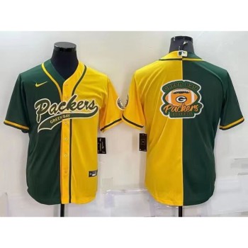 Men's Green Bay Packers Blank Green/Yellow Split Team Big Logo With Patch Cool Base Stitched Baseball Jersey Men's Green Bay Packers Blank Green/Yellow Split Team Big Logo With Patch Cool Base Stitched Baseball Jersey