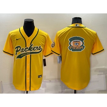 Men's Green Bay Packers Yellow Team Big Logo With Patch Cool Base Stitched Baseball Jersey Men's Green Bay Packers Yellow Team Big Logo With Patch Cool Base Stitched Baseball Jersey