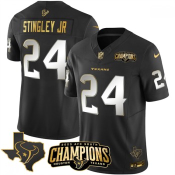 Men's Houston Texans #24 Derek Stingley Jr. Black Golden 2023 F.U.S.E. With AFC South Champions Patch And Team Logo Patch Limited Stitched Football Jersey Men's Houston Texans #24 Derek Stingley Jr. Black Golden 2023 F.U.S.E. With AFC South Champions Patch And Team Logo Patch Limited Stitched Football Jersey