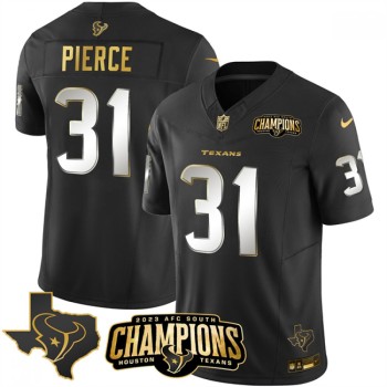 Men's Houston Texans #31 Dameon Pierce Black Golden 2023 F.U.S.E. With AFC South Champions Patch And Team Logo Patch Limited Stitched Football Jersey Men's Houston Texans #31 Dameon Pierce Black Golden 2023 F.U.S.E. With AFC South Champions Patch And Team Logo Patch Limited Stitched Football Jersey