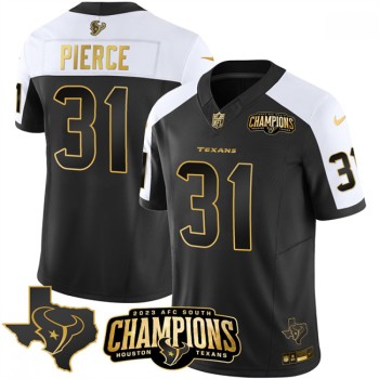 Men's Houston Texans #31 Dameon Pierce Black/White Golden 2023 F.U.S.E. With AFC South Champions Patch And Team Logo Patch Limited Stitched Football Jersey Men's Houston Texans #31 Dameon Pierce Black/White Golden 2023 F.U.S.E. With AFC South Champions Patch And Team Logo Patch Limited Stitched Football Jersey