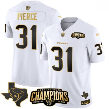 Men's Houston Texans #31 Dameon Pierce White Golden 2023 F.U.S.E. With AFC South Champions Patch And Team Logo Patch Limited Stitched Football Jersey Men's Houston Texans #31 Dameon Pierce White Golden 2023 F.U.S.E. With AFC South Champions Patch And Team Logo Patch Limited Stitched Football Jersey