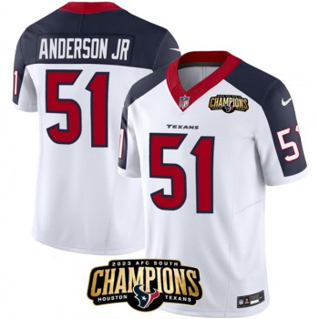 Men's Houston Texans #51 Will Anderson Jr. White/Navy 2023 F.U.S.E. AFC South Champions Patch Limited Stitched Football Jersey Men's Houston Texans #51 Will Anderson Jr. White/Navy 2023 F.U.S.E. AFC South Champions Patch Limited Stitched Football Jersey