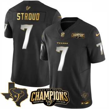 Men's Houston Texans #7 C.J. Stroud Black Golden 2023 F.U.S.E. With AFC South Champions Patch And Team Logo Patch Limited Stitched Football Jersey Men's Houston Texans #7 C.J. Stroud Black Golden 2023 F.U.S.E. With AFC South Champions Patch And Team Logo Patch Limited Stitched Football Jersey