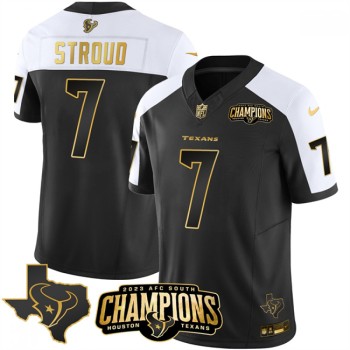 Men's Houston Texans #7 C.J. Stroud Black/White Golden 2023 F.U.S.E. With AFC South Champions Patch And Team Logo Patch Limited Stitched Football Jersey Men's Houston Texans #7 C.J. Stroud Black/White Golden 2023 F.U.S.E. With AFC South Champions Patch And Team Logo Patch Limited Stitched Football Jersey