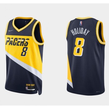 Men's Indiana Pacers #8 Justin Holiday 2021/22 Navy City Edition 75th Anniversary Stitched Basketball Jersey Men's Indiana Pacers #8 Justin Holiday 2021/22 Navy City Edition 75th Anniversary Stitched Basketball Jersey