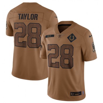 Men's Indianapolis Colts #28 Jonathan Taylor 2023 Brown Salute To Sertvice Stitched Football Jersey Men's Indianapolis Colts #28 Jonathan Taylor 2023 Brown Salute To Sertvice Stitched Football Jersey