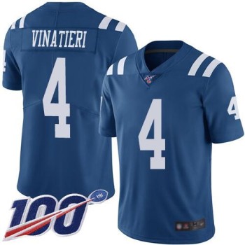 Men's Indianapolis Colts #4 Adam Vinatieri Blue 2019 100th Season Vapor Untouchable Limited Stitched NFL Jersey Men's Indianapolis Colts #4 Adam Vinatieri Blue 2019 100th Season Vapor Untouchable Limited Stitched NFL Jersey