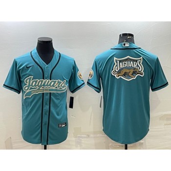 Men's Jacksonville Jaguars Teal Team Big Logo With Patch Cool Base Stitched Baseball Jersey Men's Jacksonville Jaguars Teal Team Big Logo With Patch Cool Base Stitched Baseball Jersey