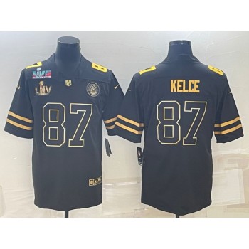 Men's Kansas City Chiefs #87 Travis Kelce Black Golden Super Bowl LV And Super Bowl LVII Patch Vapor Limited Stitched Jersey Men's Kansas City Chiefs #87 Travis Kelce Black Golden Super Bowl LV And Super Bowl LVII Patch Vapor Limited Stitched Jersey