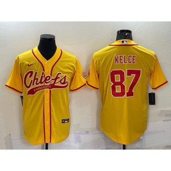 Men's Kansas City Chiefs #87 Travis Kelce Gold With Patch Cool Base Stitched Baseball Jersey Men's Kansas City Chiefs #87 Travis Kelce Gold With Patch Cool Base Stitched Baseball Jersey