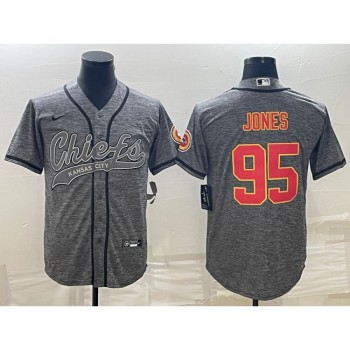 Men's Kansas City Chiefs #95 Chris Jones Grey With Patch Cool Base Stitched Baseball Jersey Men's Kansas City Chiefs #95 Chris Jones Grey With Patch Cool Base Stitched Baseball Jersey