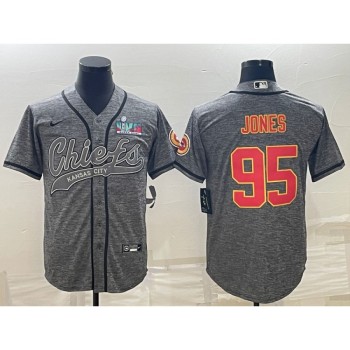 Men's Kansas City Chiefs #95 Chris Jones Grey With Super Bowl LVII Patch Cool Base Stitched Baseball Jersey Men's Kansas City Chiefs #95 Chris Jones Grey With Super Bowl LVII Patch Cool Base Stitched Baseball Jersey
