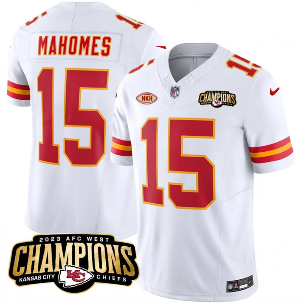 Men's Kansas City Chiefs #15 Patrick Mahomes White 2023 F.U.S.E. AFC West Champions With 