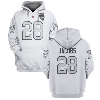 Men's Las Vegas Raiders #28 Josh Jacobs 2021 Inaugural Patch White Pullover Hoodie Men's Las Vegas Raiders #28 Josh Jacobs 2021 Inaugural Patch White Pullover Hoodie