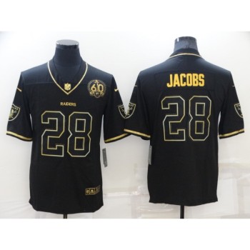 Men's Las Vegas Raiders #28 Josh Jacobs Black/Gold With 60th Anniversary Patch Vapor Limited Stitched Jersey Men's Las Vegas Raiders #28 Josh Jacobs Black/Gold With 60th Anniversary Patch Vapor Limited Stitched Jersey