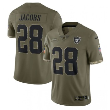 Men's Las Vegas Raiders #28 Josh Jacobs Olive 2022 Salute To Service Limited Stitched Jersey Men's Las Vegas Raiders #28 Josh Jacobs Olive 2022 Salute To Service Limited Stitched Jersey