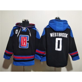 Men's Los Angeles Clippers #0 Russell Westbrook Black/Blue Lace-Up Pullover Hoodie