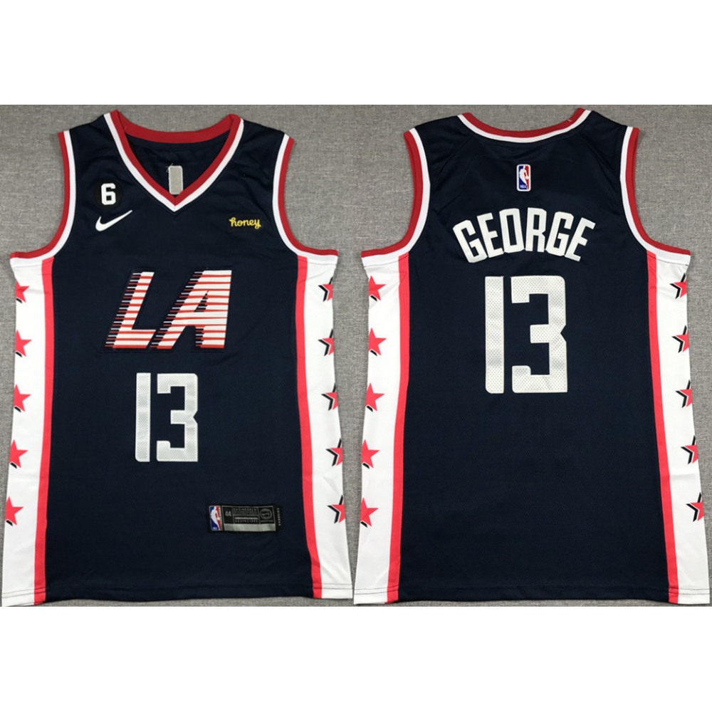 Men's Los Angeles Clippers #13 Paul George Navy 2022/23 City Edition With NO.6 Patch Stitched Jersey