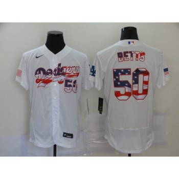 Men's Los Angeles Dodgers #50 Mookie Betts White 2020 Stars & Stripes Flex Base Stitched Jersey