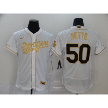 Men's Los Angeles Dodgers #50 Mookie Betts White Golden Flex Base Stitched MLB Jersey