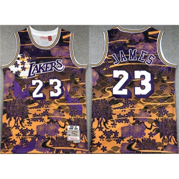 Men's Los Angeles Lakers #23 LeBron James Purple/Yellow Throwback basketball Jersey Men's Los Angeles Lakers #23 LeBron James Purple/Yellow Throwback basketball Jersey