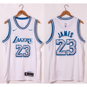 Men's Los Angeles Lakers #23 LeBron James White City Edition New Blue Silver Logo 2020-21 Stitched Jersey Men's Los Angeles Lakers #23 LeBron James White City Edition New Blue Silver Logo 2020-21 Stitched Jersey