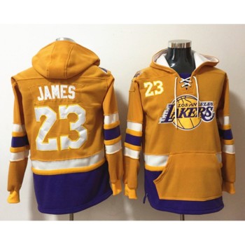 Men's Los Angeles Lakers #23 Lebron James Yellow Lace-Up Pullover Hoodie Men's Los Angeles Lakers #23 Lebron James Yellow Lace-Up Pullover Hoodie
